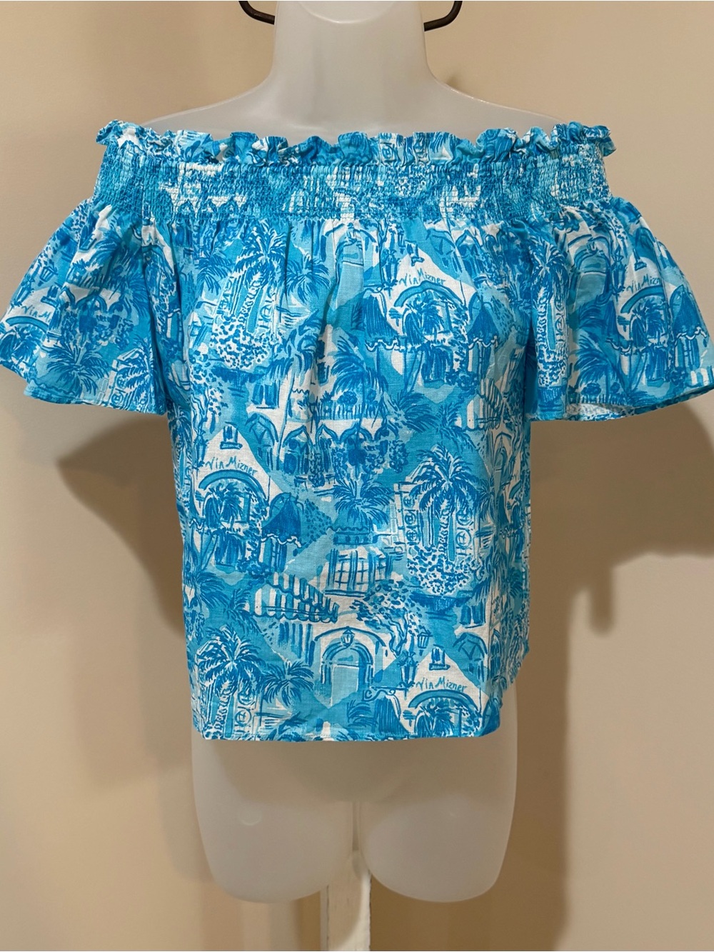 NEW Lilly Pulitzer Leanne Off Shoulder Linen Amalfi Blue Sunny State of Mind XXS - Picture 5 of 12